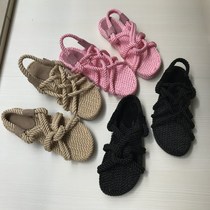 Handmade custom 2019 new flat bottom cool summer straw woven nylon cross sandals hemp rope womens sandals