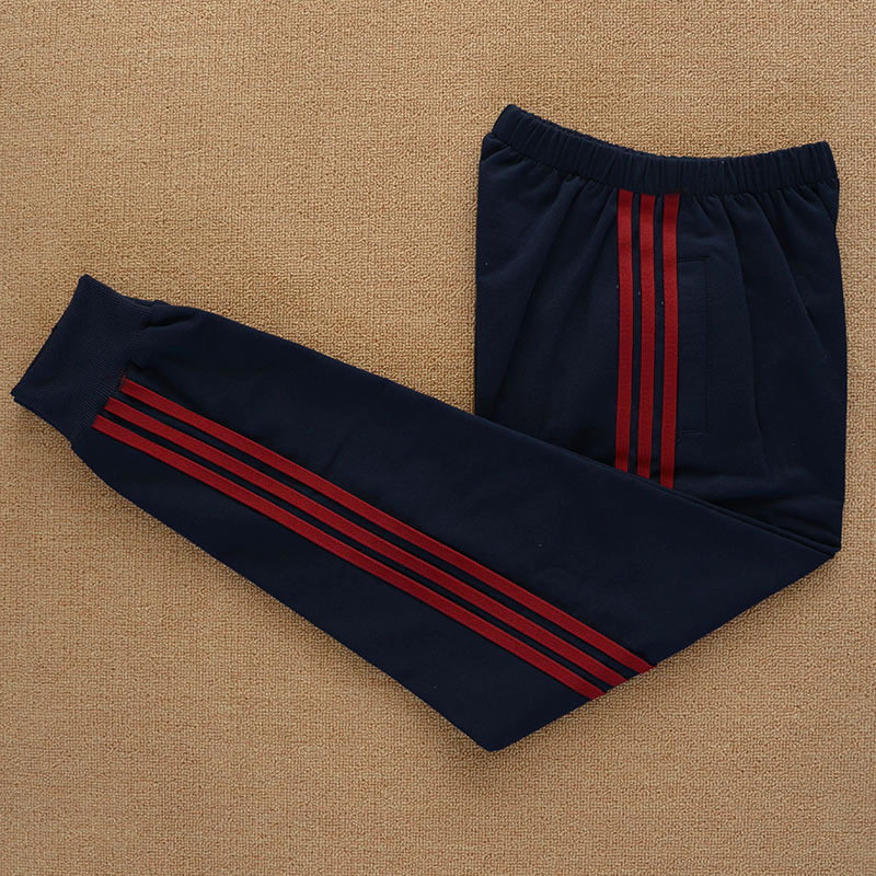 School Uniform Pants with Three Burgundy Stripes, Jogger Style, for Middle and High School Students, Large Size, Pure Cotton, Loose Fit, Navy Blue, Dark Blue, Sweatpants