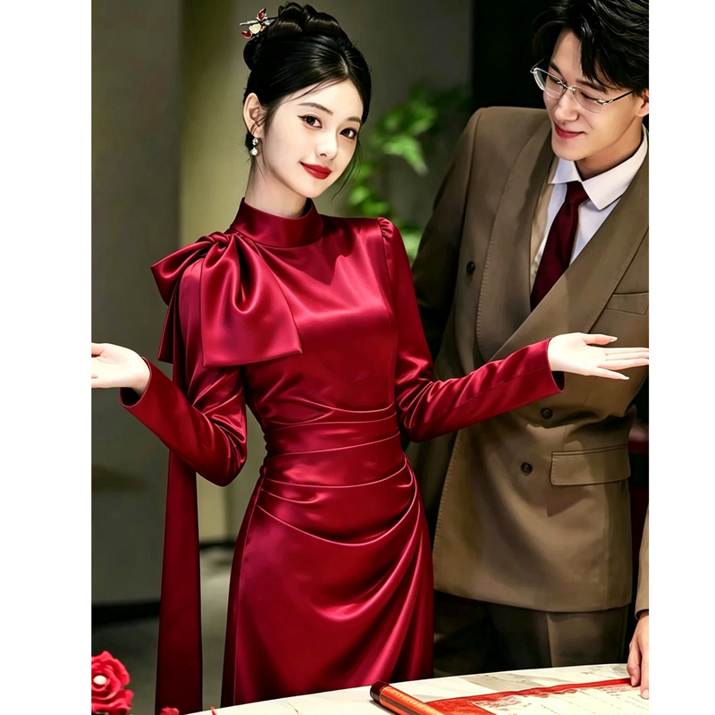 Long-Sleeved Toast Dress for the Bride, High-End Fishtail Red Engagement Dress, Autumn and Winter Stand-Up Collar Wedding Dress, Long-Sleeved