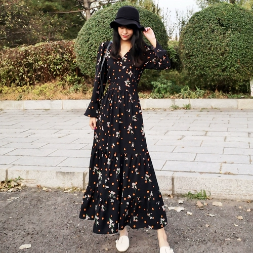 Осеннее сверхдлинное шифоновое платье, приталенный лонгслив, корсет, юбка, коллекция 2023, V-образный вырез