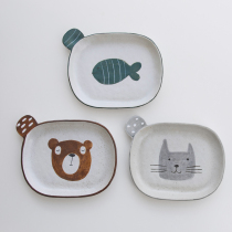 Miyake family hand-painted underglaze color animal pattern plate bowl cup three-piece set Jingdezhen coarse pottery grass gray glaze