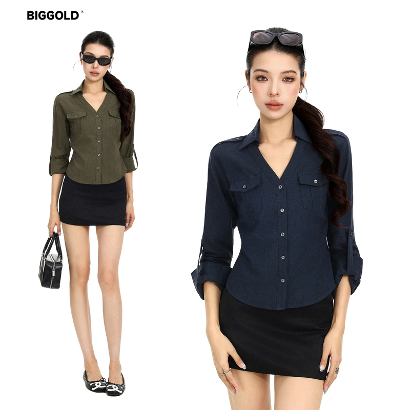 Biggold Retro Rolled-Sleeve Shirt for Women, Early Autumn Design, Multi-Pocket Slim-Fit Top with Tie, Slimming Shirt