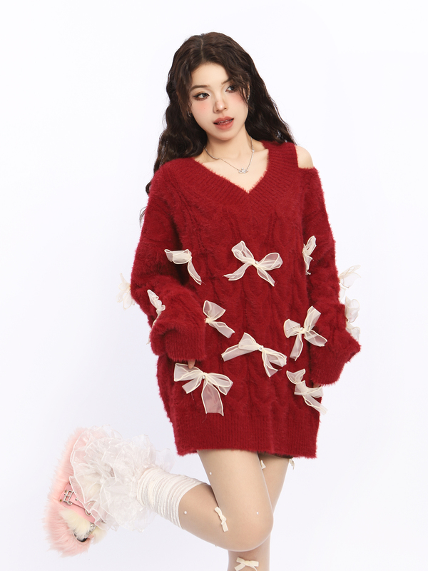 Biggold Off-Shoulder New Year Sweater with Red Bow, Women's Autumn and Winter Design, Lazy Style Knitwear, Trendy