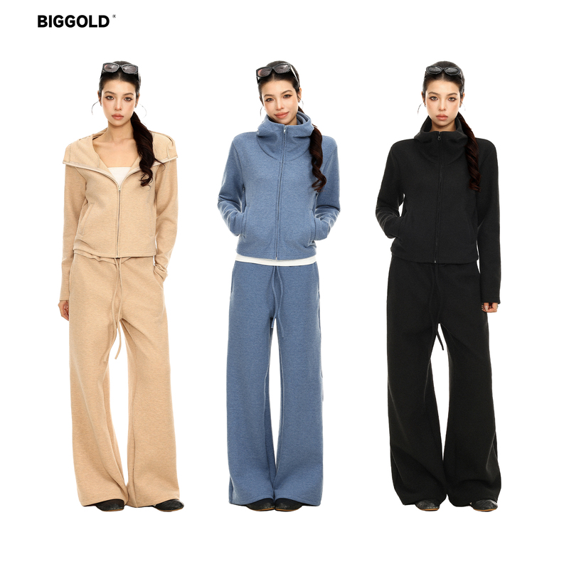 Biggold Cloud Wood Fiber Stand-Up Collar Hooded Zipper Cardigan Sweatshirt for Women, Autumn Loose Hoodie Top Two-Piece Set