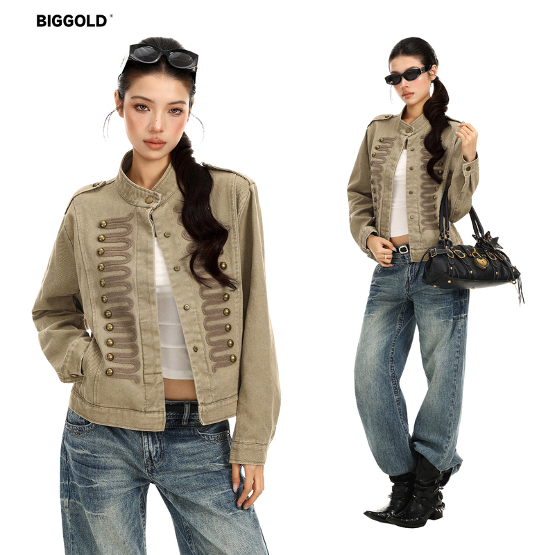 Biggold Palace-Style Napoleon Studded Short Jacket for Women, Autumn and Winter, Vintage Washed Stand Collar Casual Jacket Top Biggold Palace-Style Napoleon Studded Short Jacket for Women, Autumn and Winter, Vintage Washed Stand Collar Casual Jacket Top