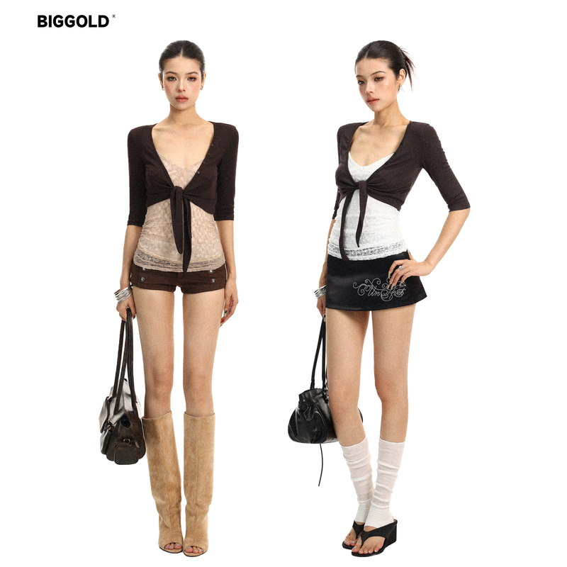 Biggold Pure Desire Style Lace-Up Cardigan for Women, Summer Hot Girl Y2K Short Slim-Fit Mid-Sleeve Slimming Layered Top