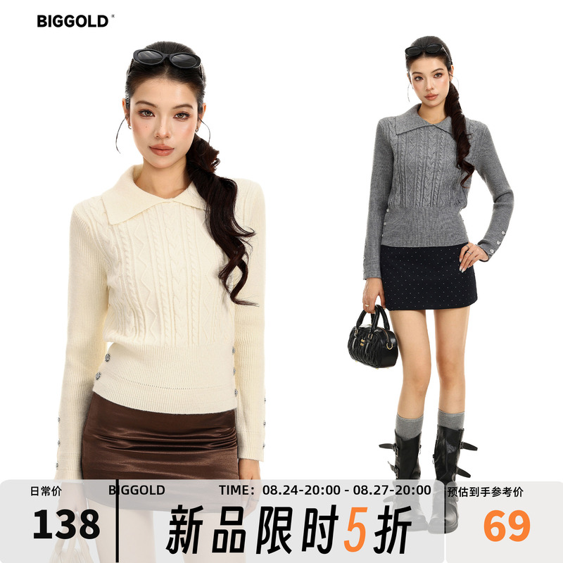 Biggold Retro Lapel Cable-Knit Sweater for Women, Autumn and Winter, Waist-Cinching, Slimming, Long-Sleeve, Inner Layer, Short Top