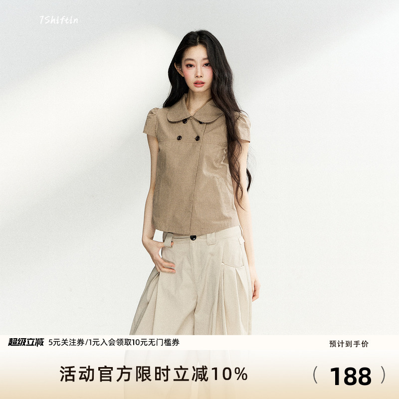 7Shiftin Original Design Retro Preppy Style Versatile Top Double-Breasted Plaid Shirt Casual Pure Cotton Short Sleeve