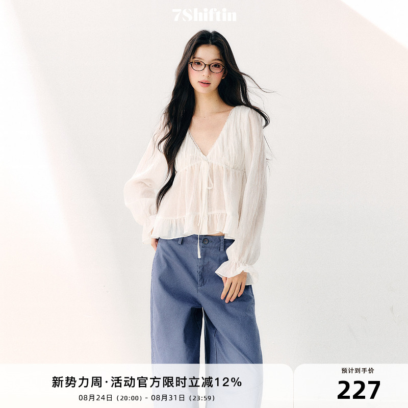 7Shiftin Original Design Lace-Up V-Neck Chiffon Shirt with Double-Layer Ruffles, Slimming Long-Sleeve Pure Desire Loose Top 7Shiftin Original Design Lace-Up V-Neck Chiffon Shirt with Double-Layer Ruffles, Slimming Long-Sleeve Pure Desire Loose Top