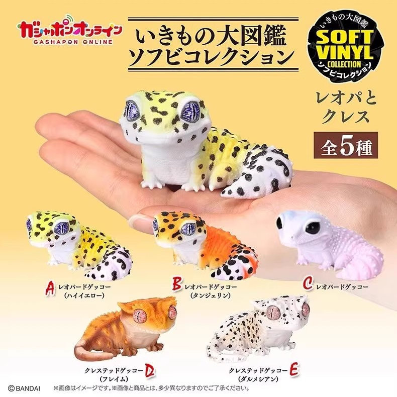 Bandai Gashapon Creature Encyclopedia Leopard Gecko Crowned Gecko Soft Plastic Model Desktop Ornament Figurine Toy