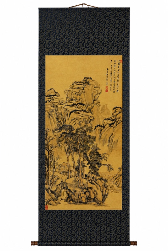 Landscape Painting, Traditional Chinese Painting, Imitation of Ancient Landscape Paintings, Wang Shigu's Layered Mountains and Greenery Picture, Living Room Scroll Hanging Painting