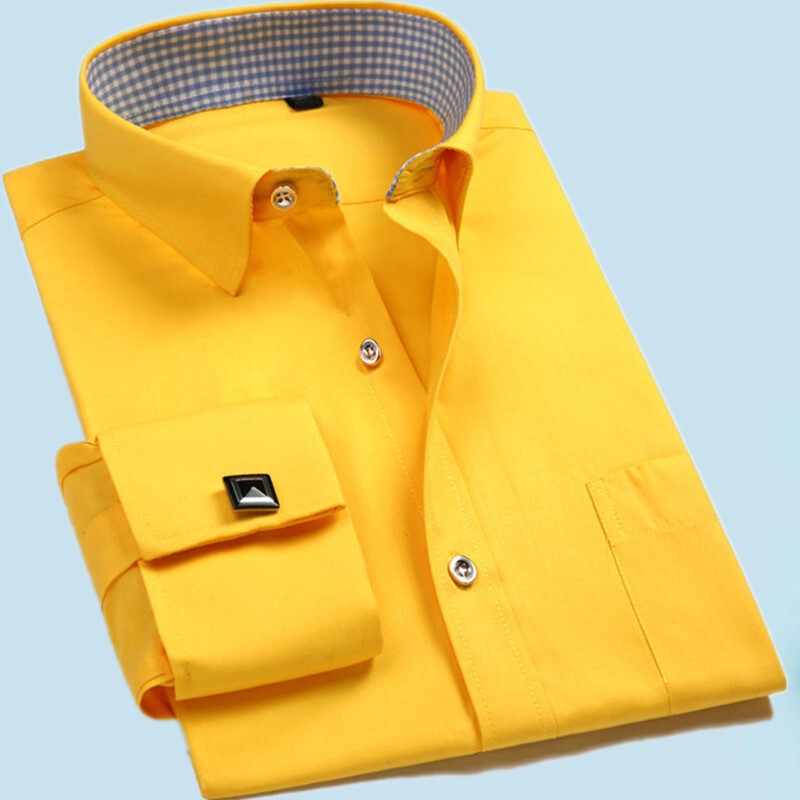 French Cuff Shirt for Men, Long-Sleeved, Middle-Aged, Slim-Fit, Business, Non-Iron, Men's Clothing, Pure Yellow Shirt, Plus Size