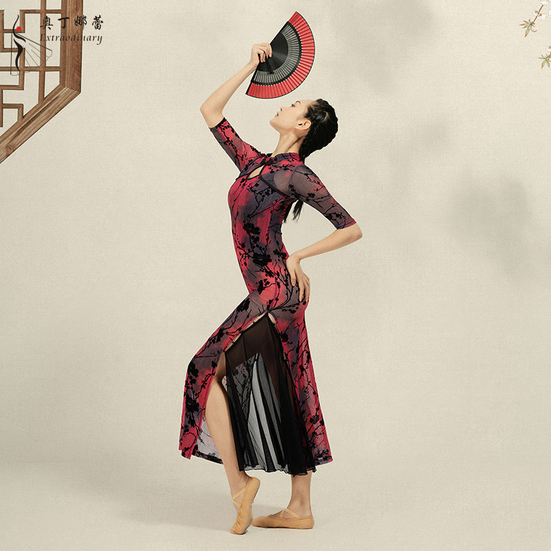 Classical cheongsam slit Chinoiserie dance elegant flowing performance catwalk performance printed mesh dress costume