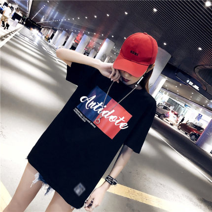 韩范短袖宽松黑色t恤网红同款衣服女街拍款下