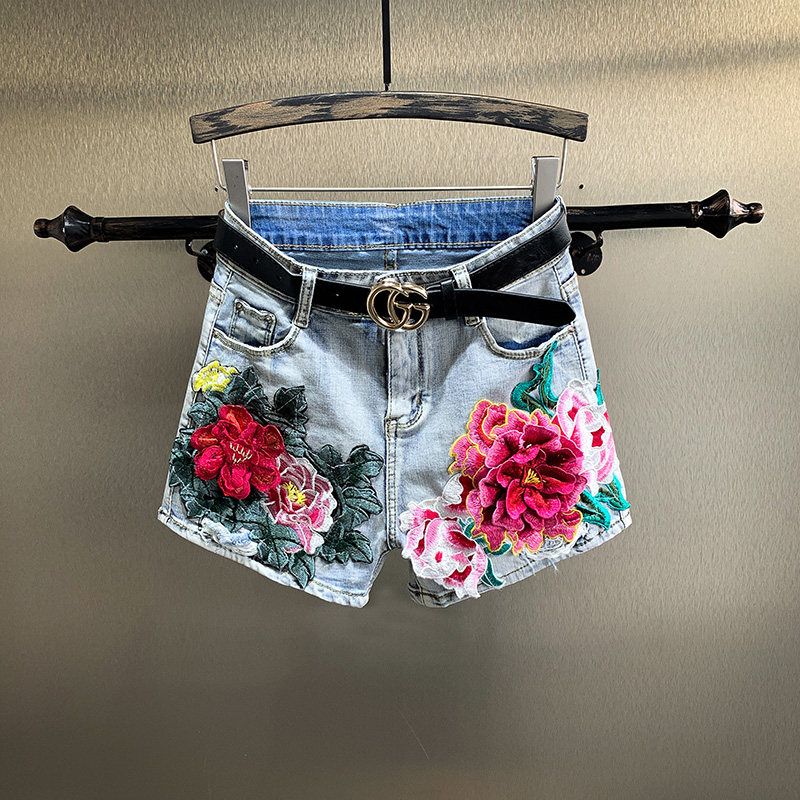 European station denim shorts women's summer 2021 new large size embroidery peony high waist loose thin section hot pants