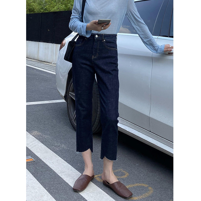 Spring 2021 new Korean version of high waist jeans women casual temperament commuter nine minute straight pants wash pants