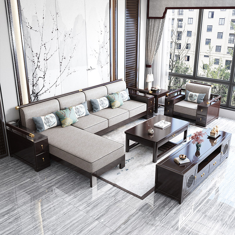 New Chinese full solid wood sofa combined tea table TV cabinet decent board room Home furniture and winter and summer dual-use living room modern