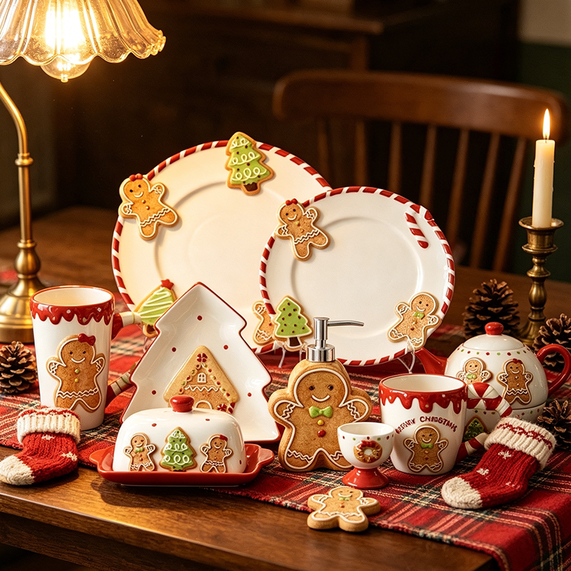Embossed Gingerbread Man Christmas Ceramic Tableware Mug Snack Plate Butter Storage Pot Home Christmas Gift Aesthetic