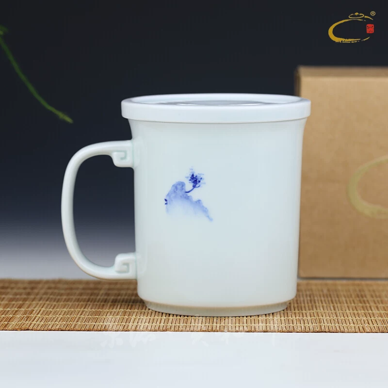 Керамическая чайная чашка Jingde Gui и Xiangjing Dezhen с крышкой, ручная роспись, синяя и белая, водяная чаша для офисного руководителя/кадра для заваривания чая