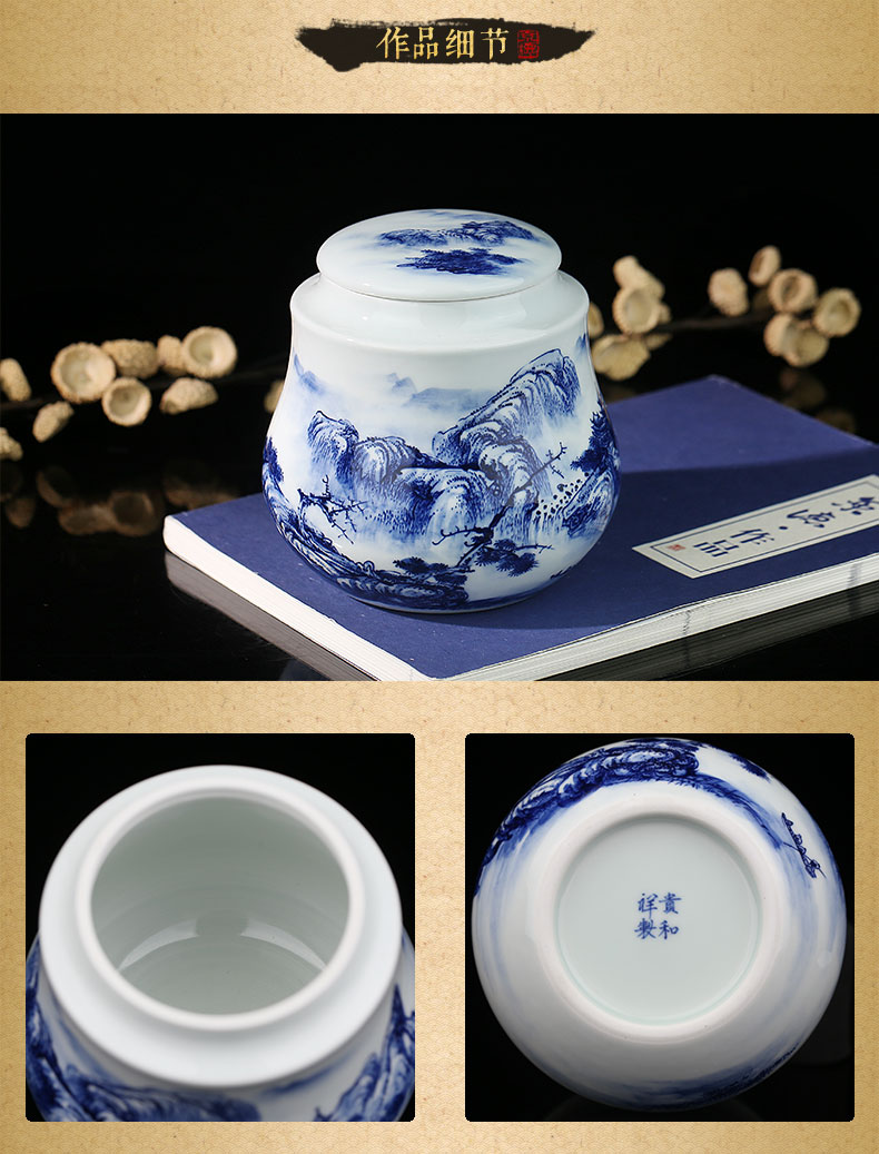 Beijing 's blue and white landscape and auspicious save tea caddy fixings jingdezhen ceramics receives gifts tea packaging gift box