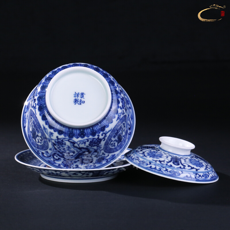 Jingdezhen blue and white dragon and auspicious hand - made tureen tureen pure manual to use hand draw three tureen tea cups