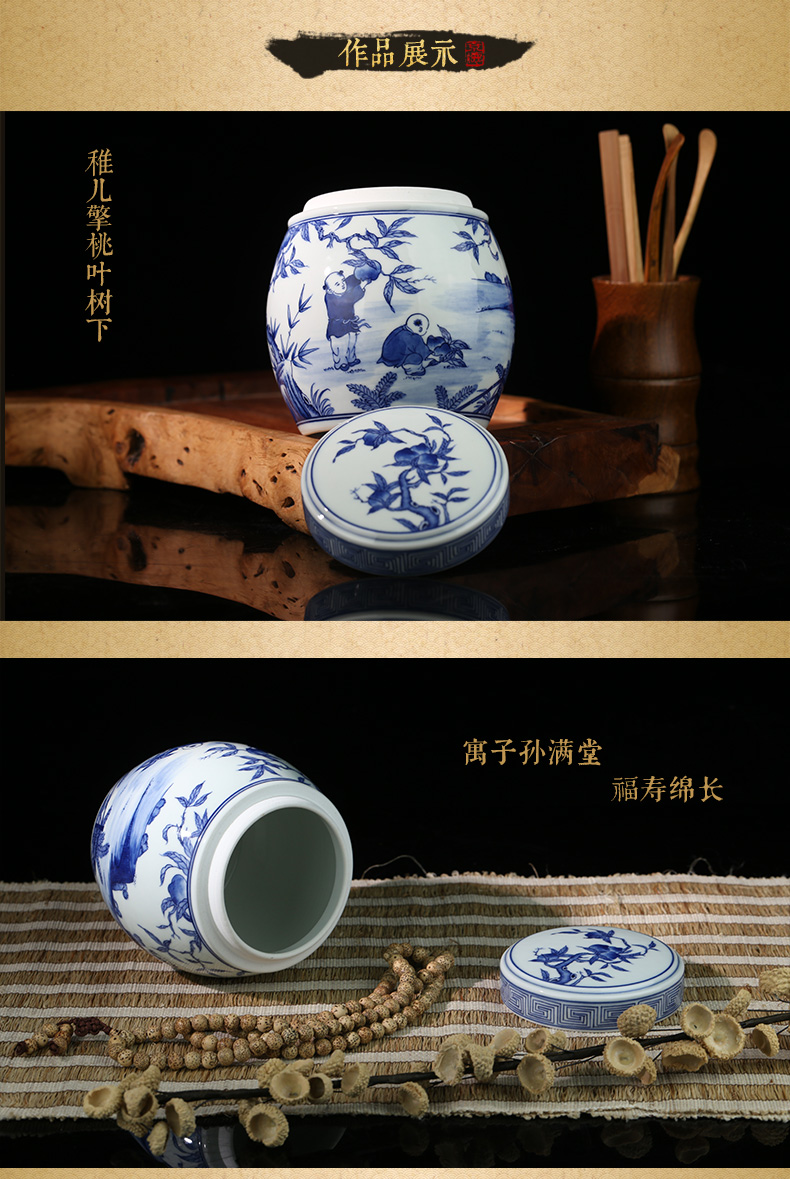 Jing DE and auspicious hand - made blue baby play peach as cans of jingdezhen ceramics by hand to wake tea loose tea tea gift box tank