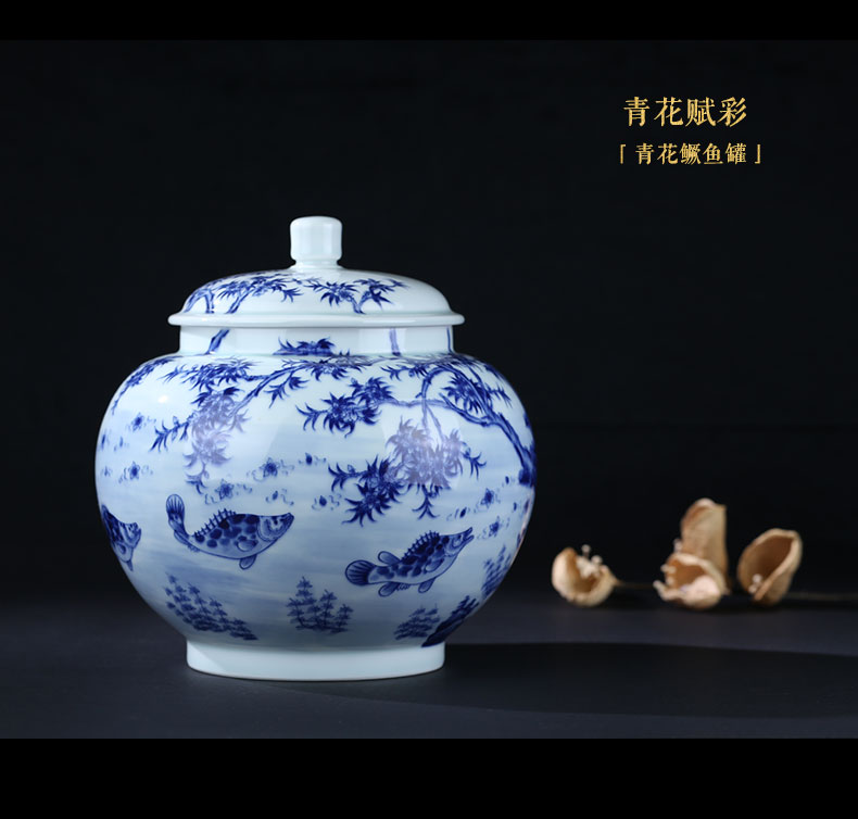 And auspicious caddy fixings pure manual under the glaze color blue storage POTS of household ceramics receives gift collection tank