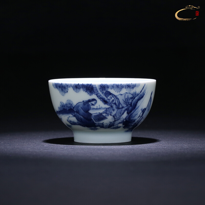 Jingdezhen blue and white SongYin and auspicious day of kung fu master cup cup of pure manual single CPU hand - made teacup