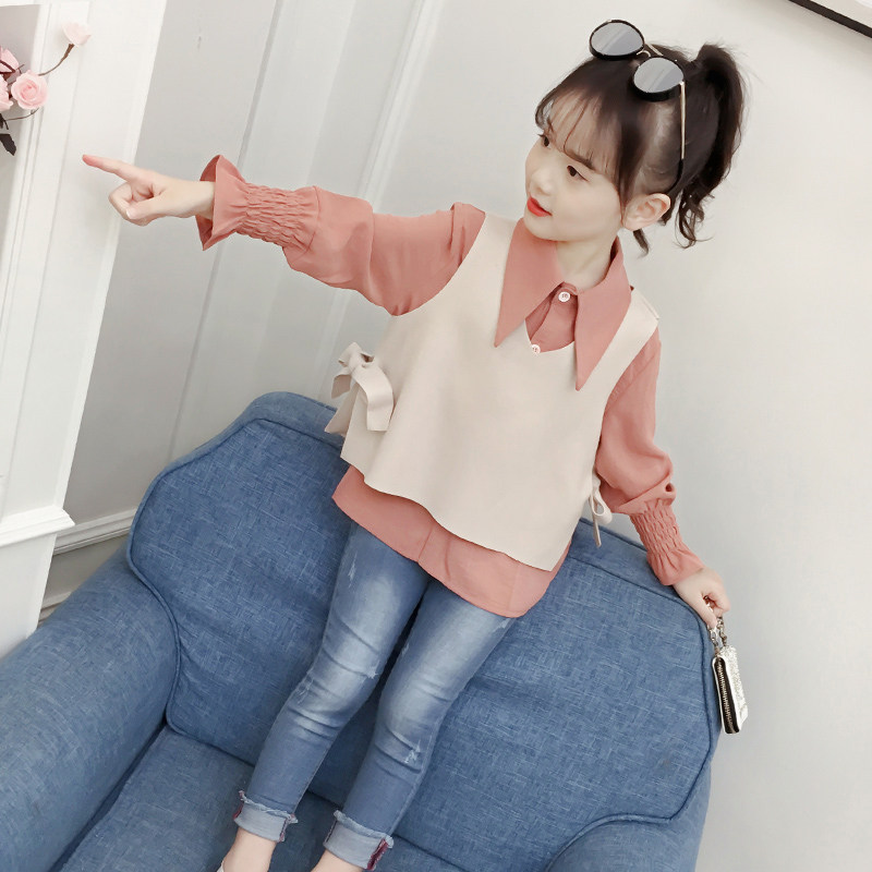 South Korean girl shirt spring dress suit 2022 new Korean version Children's foreign pie Spring and autumn women's shirt CUHK