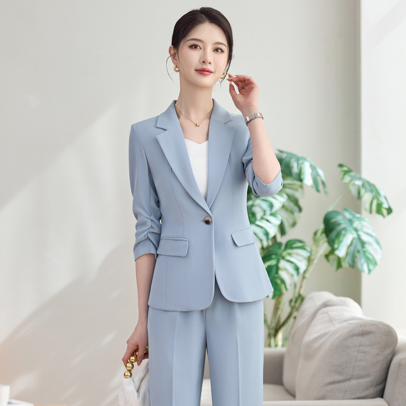 Light Blue Suit Set for Women, Three-Quarter Sleeves, Thin Workwear, 2026 Summer New Style, Slim Fit, Versatile Suit Jacket