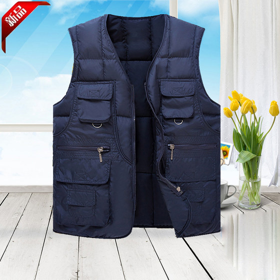 Autumn and winter down cotton vest men's father's warm inner wear vest middle-aged and elderly multi-pocket vest clip windproof