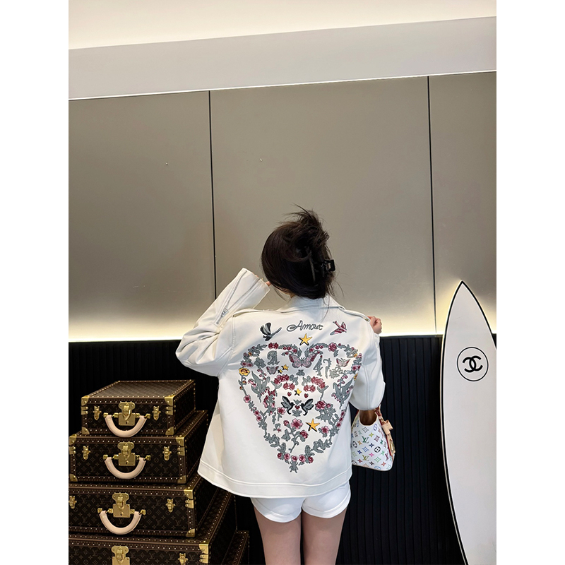 High-Quality D-Brand Leather Jacket with Floral Pattern and Five-Pointed Star Print on the Back, Zipper Closure, Long Sleeves, Casual, Fashionable, Versatile Outerwear