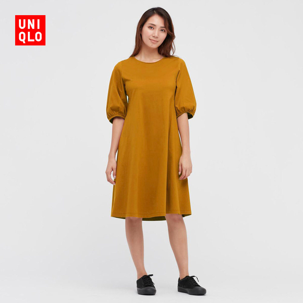 Uniqlo Women's Clothing Silk Light Cotton Lantern Sleeve Horn Foreign Dress (70% sleeves) 443298 UNIQLO