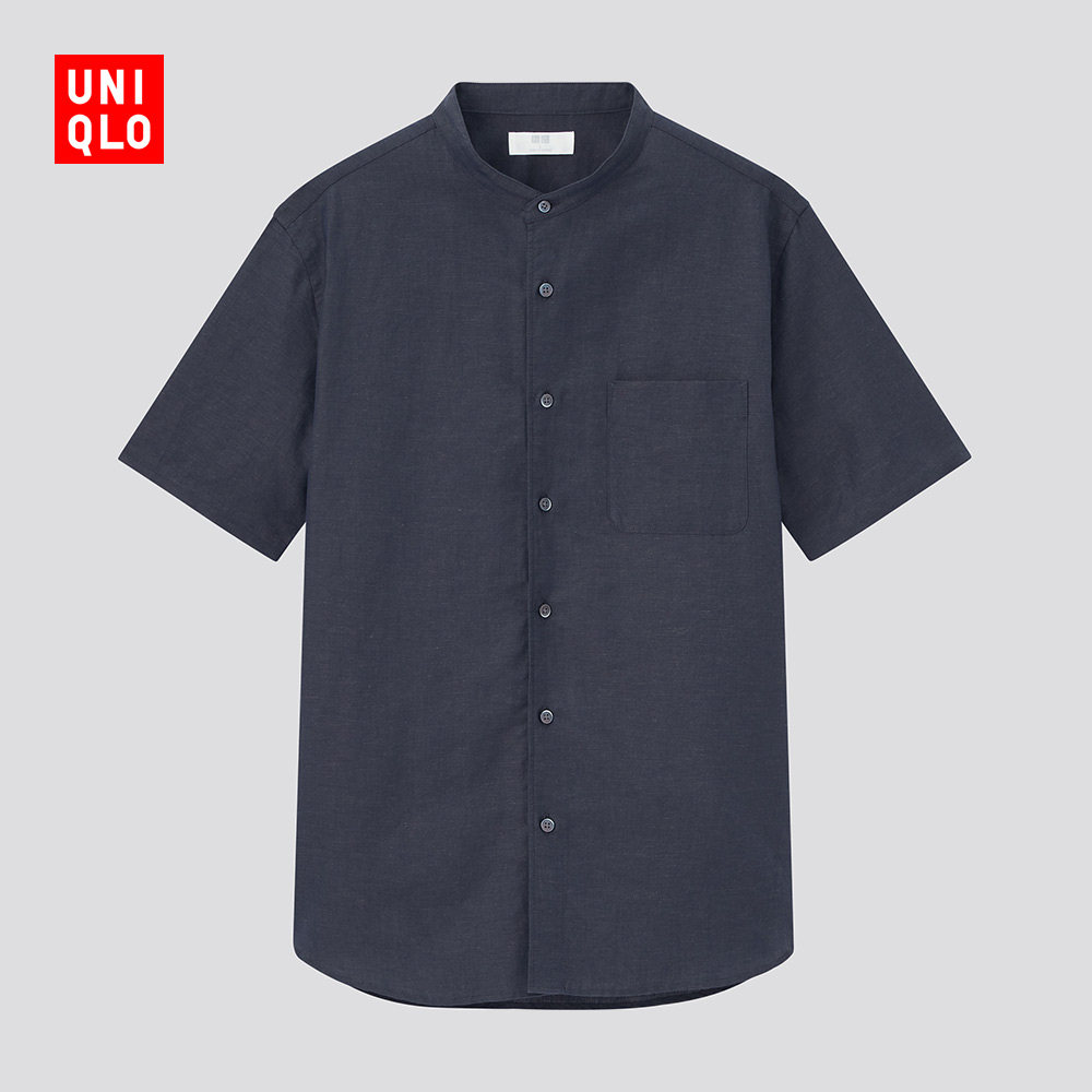 Uniqlo men's hemp cotton stand neck shirt (short sleeve summer casual thin and breathable) 436515 436516