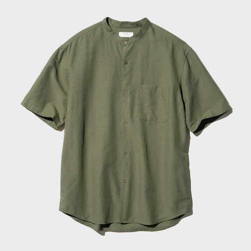 Мужская и женская рубашка Uniqlo из хлопка и льна с воротником стойкой/рубашка с короткими рукавами, повседневный кардиган 474528 464939