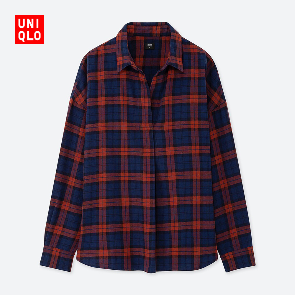 Uniqlo women's flannel plaid half open collar top (long sleeve) 421610 UNIQLO
