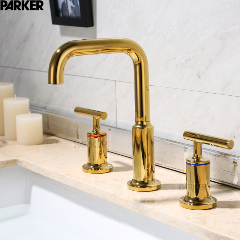 All-Copper Brushed Gold Double-Handle Hot and Cold Basin Faucet, Black Matte Gold Three-Hole Bathroom Faucet