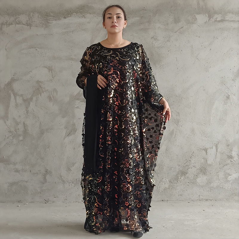 Southeast Asian Fashion African Women's Clothing Mesh Three-Dimensional Embroidery Robe Loose Chiffon Batwing Sleeve Dress Three-Piece Set Southeast Asian Fashion African Women's Clothing Mesh Three-Dimensional Embroidery Robe Loose Chiffon Batwing Sleeve Dress Three-Piece Set