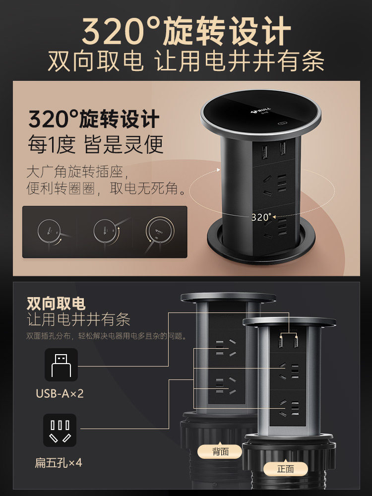 Bull Brand Lift-Up Power Strip Embedded in Kitchen Island Countertop with Automatic Power Supply, Smart Wireless Charging, and Electric Power Strip