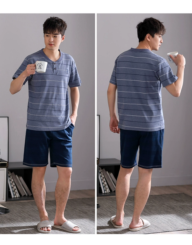 Quần áo ngủ nam mùa hè bông ngắn tay quần tracksuit nam cotton mùa hè phần mỏng của cha trung niên lớn tuổi