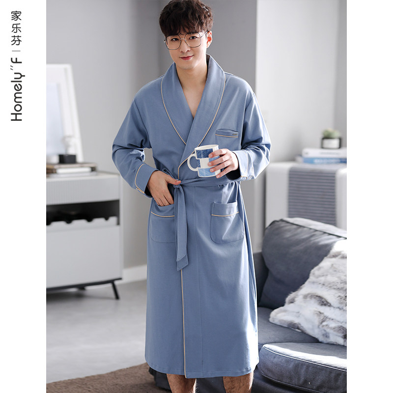Sleeping robe men's sleepwear men's clothes men's bathrobes spring and autumn pure cotton long sleeves in full cotton long version of thin and large size