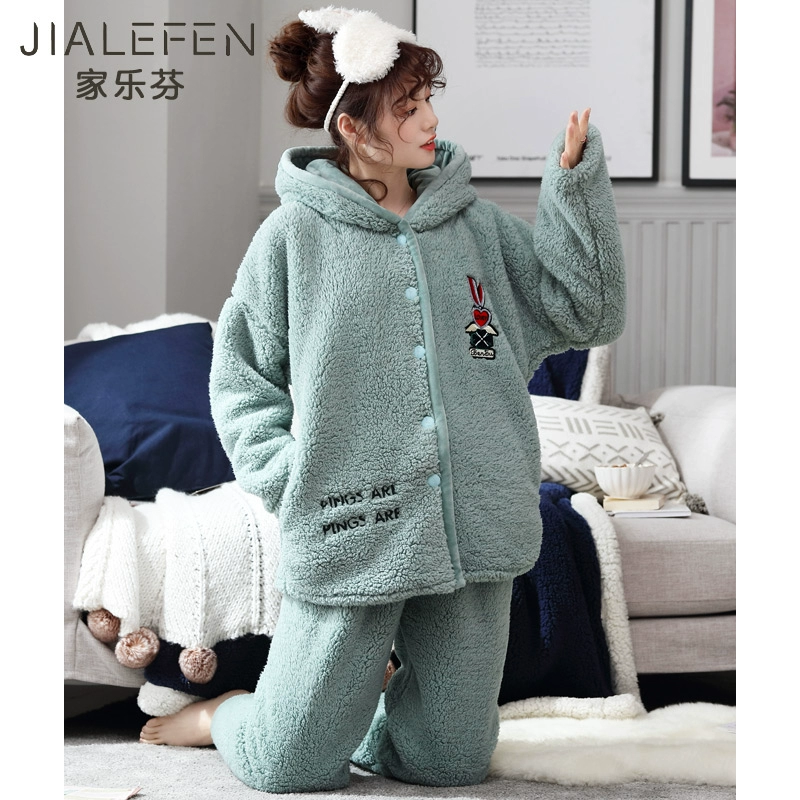 Furry Pyjama Lady Mùa thu Mùa đông San hô Lông cừu Thicken Plus Lông cừu Ấm Flannel Trùm đầu Dịch vụ tại nhà - Bộ Pajama