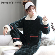 Pajamas Womens autumn and winter three-layer thickened velvet padded jacket Flannel warm coral velvet home suit suit