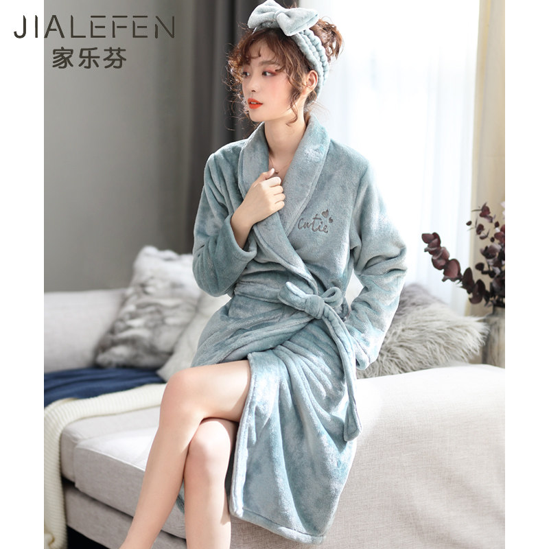 Nightgown women's autumn and winter long version of coral velvet thickened velvet warm sweet and lovely bathrobe morning robe Korean version large size
