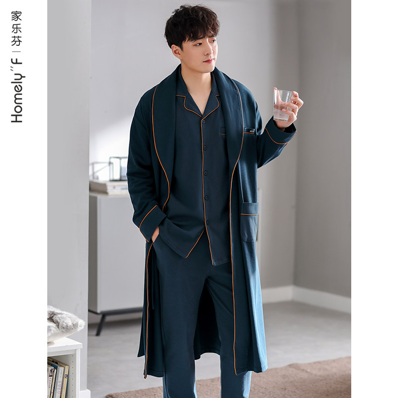 Pajamas men's robes spring and autumn cotton long sleeve home clothing men's cotton bathrobe thin long three-piece set