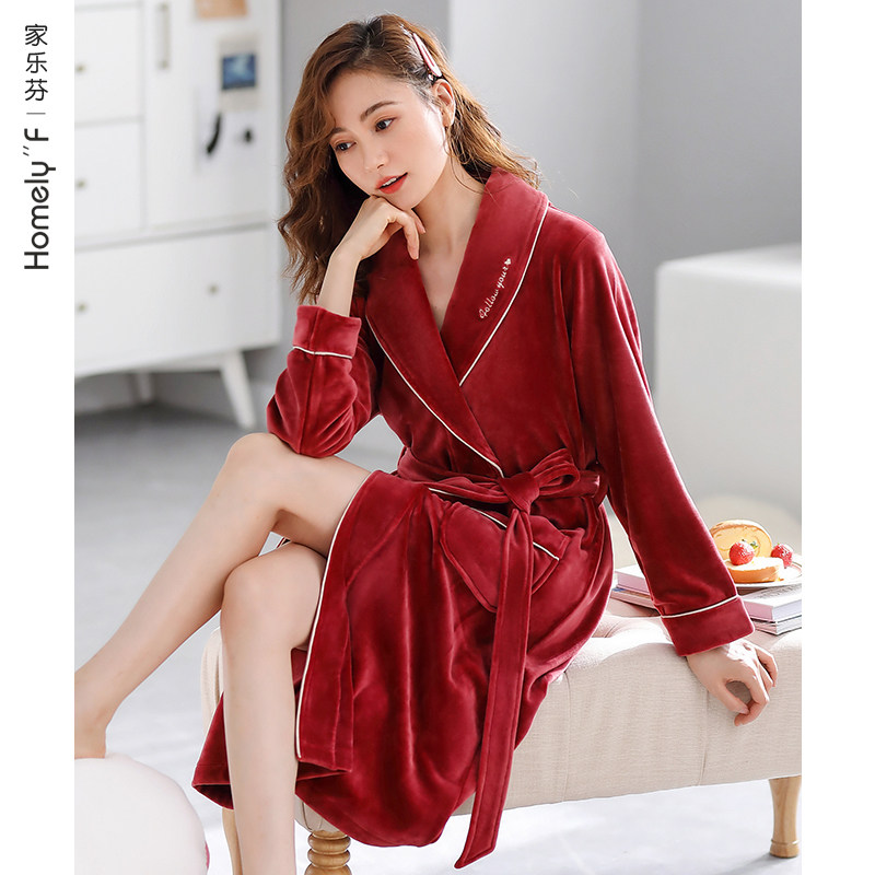 Nightgown ladies autumn and winter long version coral fleece thickened and velvet warm island fleece spring and autumn bathrobe dressing gown