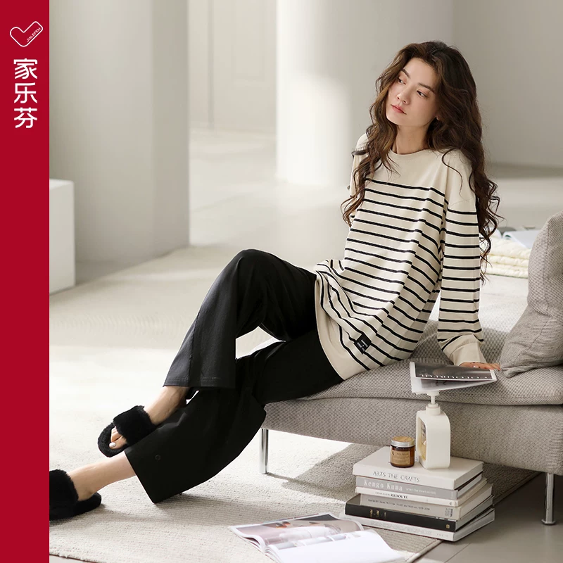 Пижама демисезонная Jialeifen, хлопковый лонгслив, брюки для отдыха, плюс размер