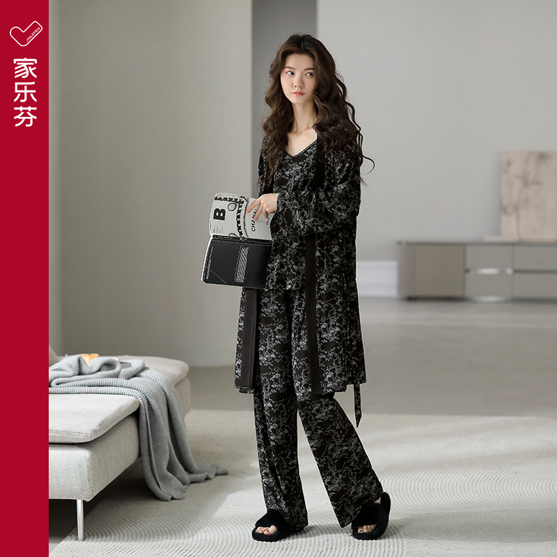 Jialefen Women's Pajamas, Spring and Autumn Modal Long-Sleeve Robe, High-End Vintage Style Long Camisole Three-Piece Set Jialefen Women's Pajamas, Spring and Autumn Modal Long-Sleeve Robe, High-End Vintage Style Long Camisole Three-Piece Set