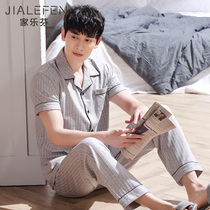 Pajamas mens summer cotton short-sleeved trousers Home clothes Cotton mens summer thin loose fat plus size