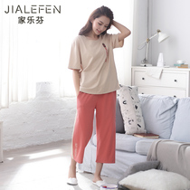 Pajamas Womens summer cotton short-sleeved can go out casual summer wide-leg pants Seven-point pants Home clothes two-piece suit